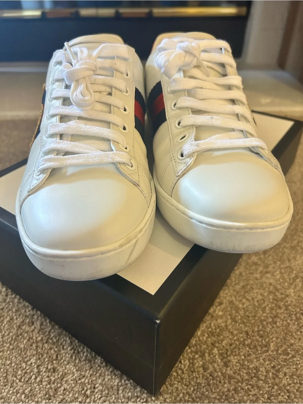 GUCCI White 'Loved' Leather Sneaker with Red & Blue Heel Tabs